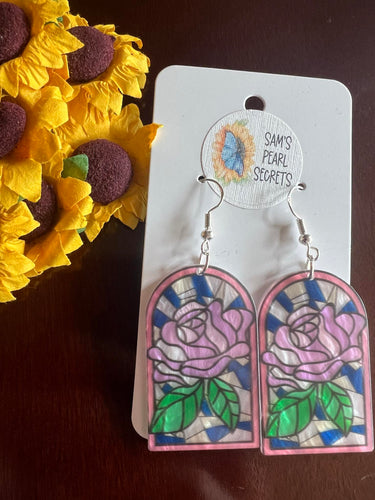 Stained Glass Purple Rose Earrings