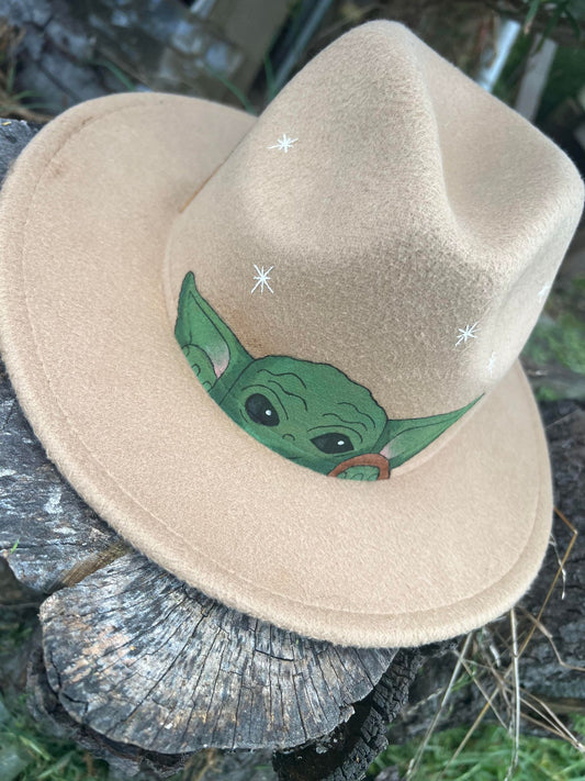 Tan Felt Hat Hand Painted Dark Space