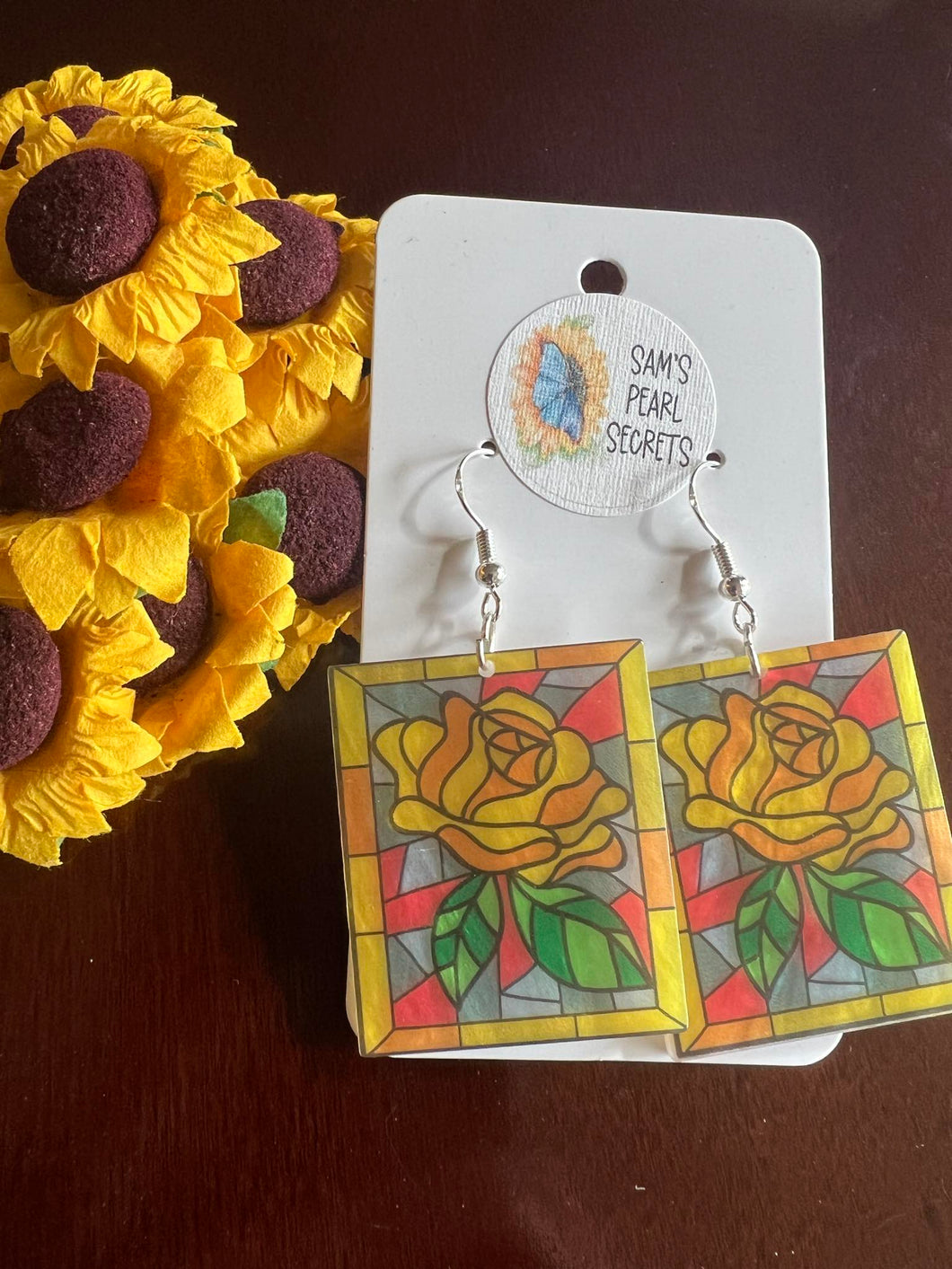 Stained Glass Yellow Rose Earrings